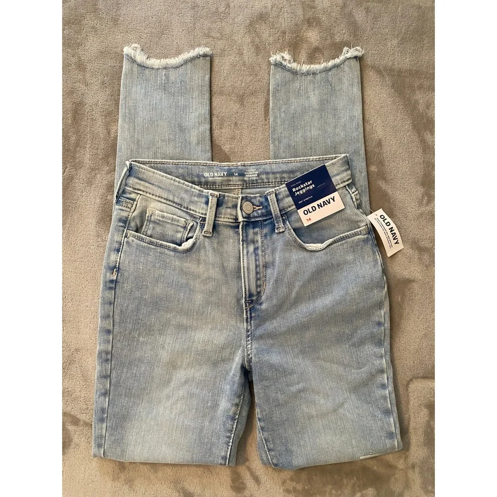 Old Navy Jeans Girls 14 Blue Rockstar High-Rise Skinny Frayed Hem Adjustable NEW